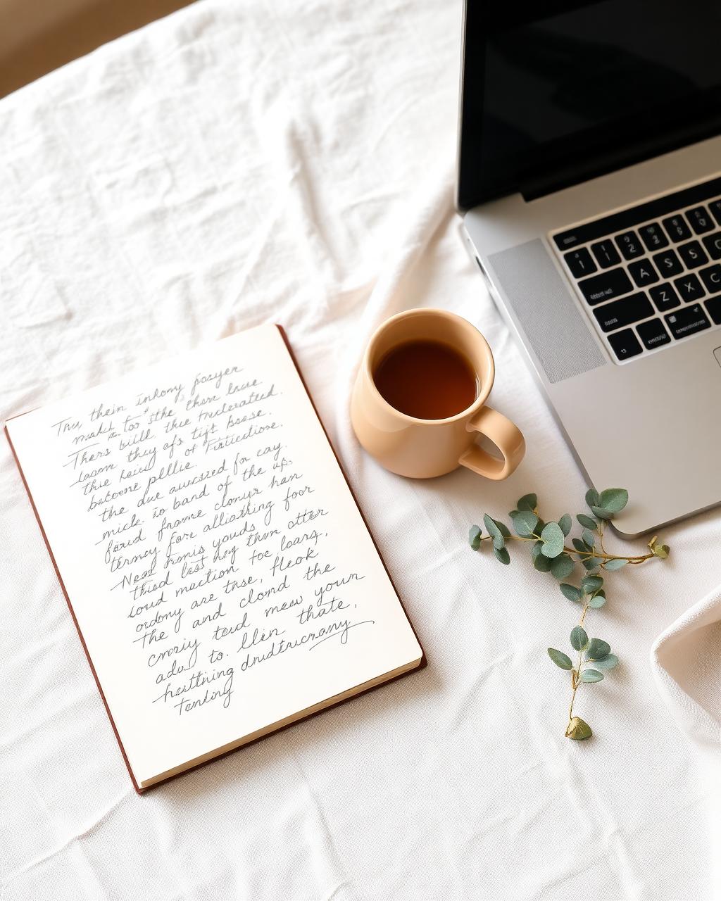 A cozy English-lesson workspace with notebook and tea