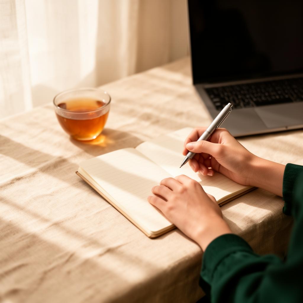 A cozy English-lesson workspace with notebook and tea